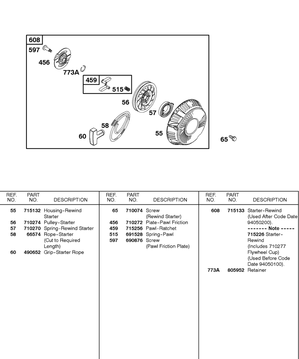 Rewind Starter 1 Diagram and Parts List for 115432-0135-XX  Briggs and Stratton Engine